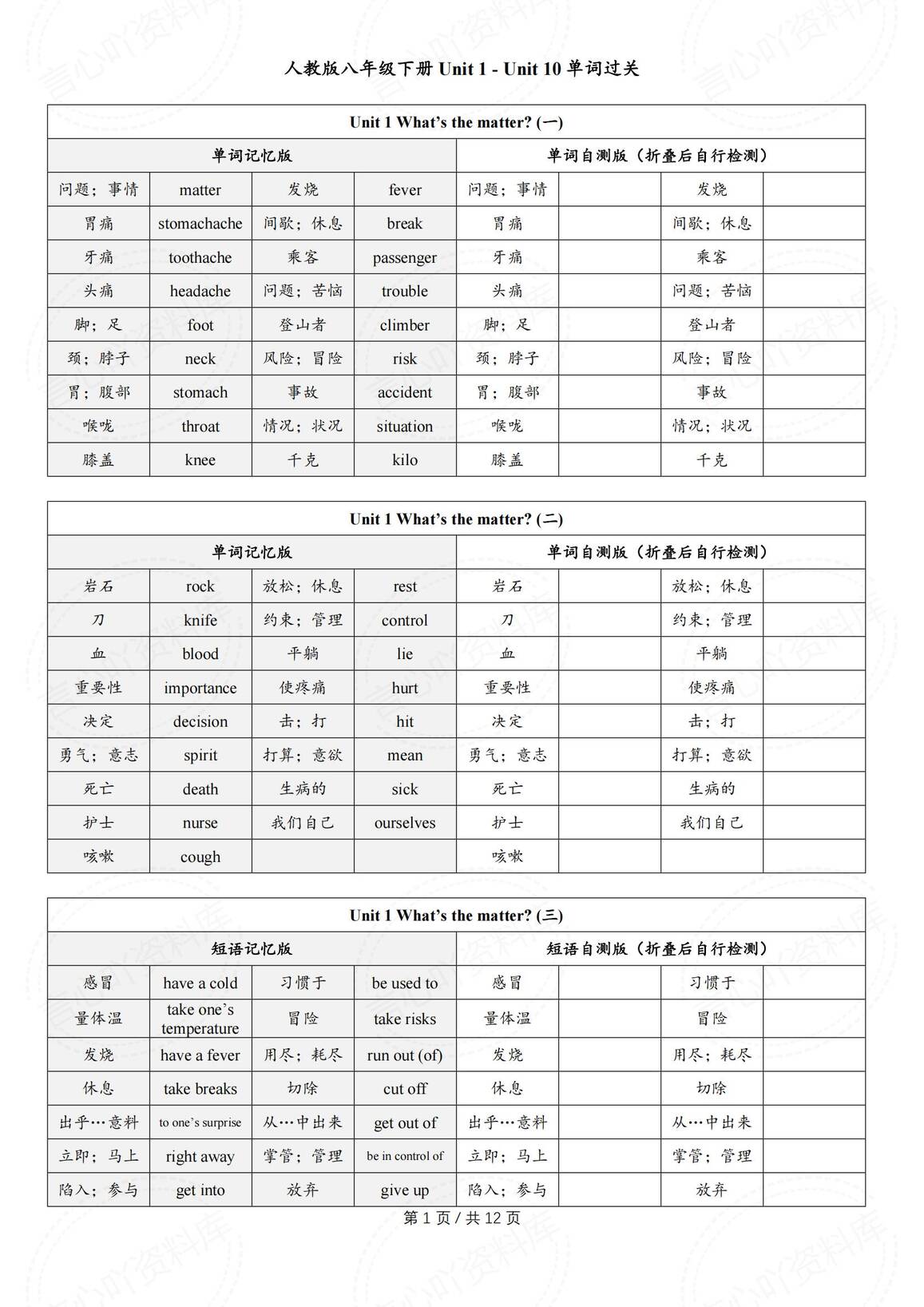 初中英语-2025春新人教版八年级下册单词过关自测小纸条-言心吖资料库