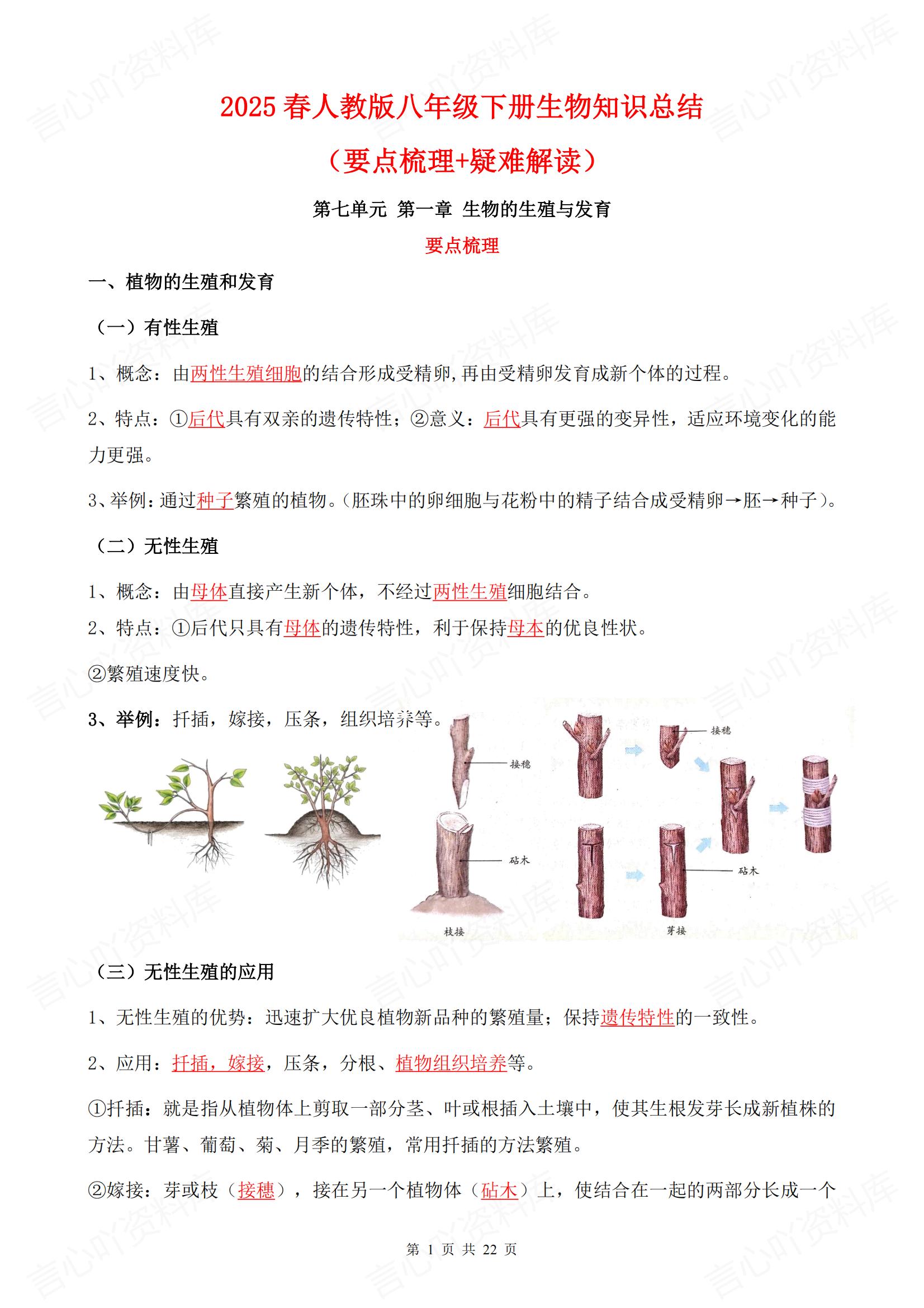 初中生物 | 人教版八下单元知识总结梳理-言心吖资料库