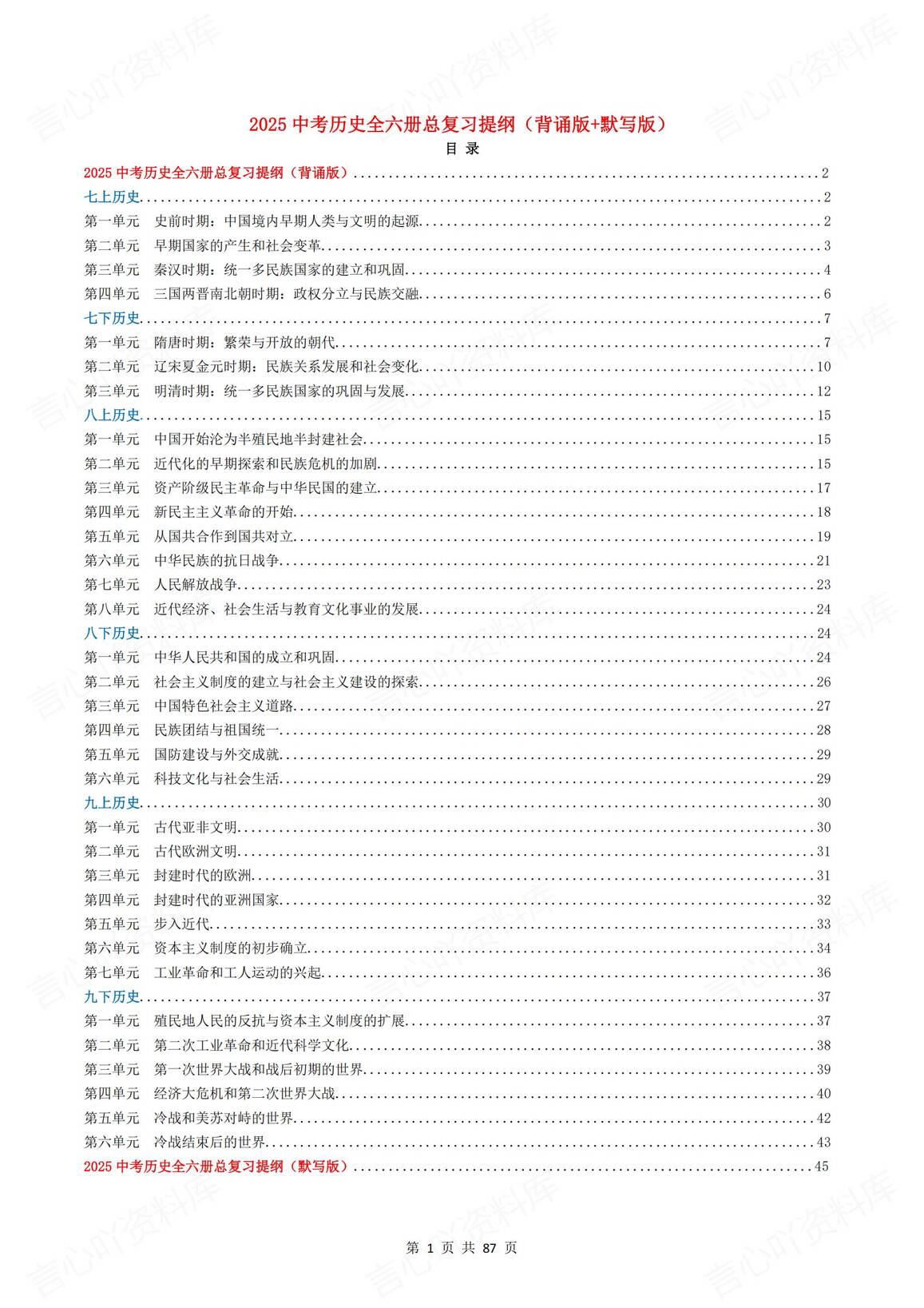初中历史 | 中考全六册总复习知识提纲背默-言心吖资料库