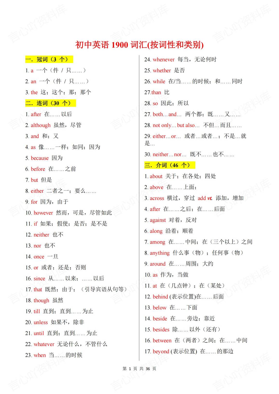 初中英语 | 1900单词词汇总词性类别梳理-言心吖资料库