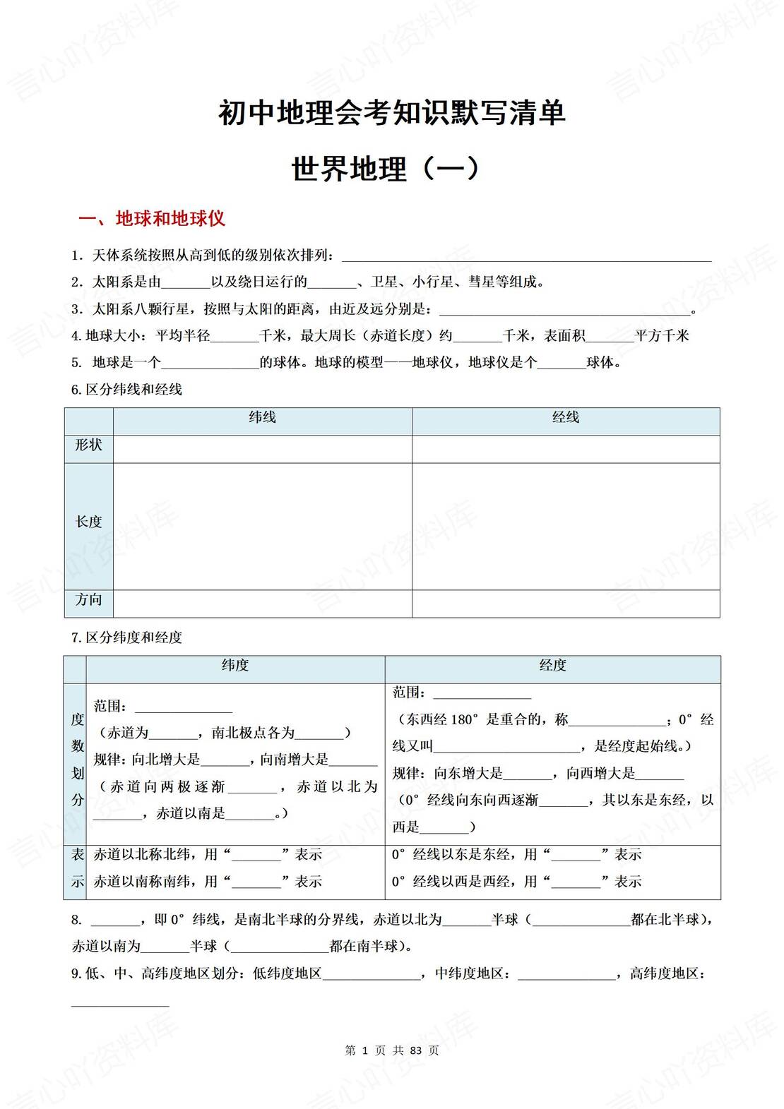 初中地理 | 78年级会考知识背诵默写填空-言心吖资料库