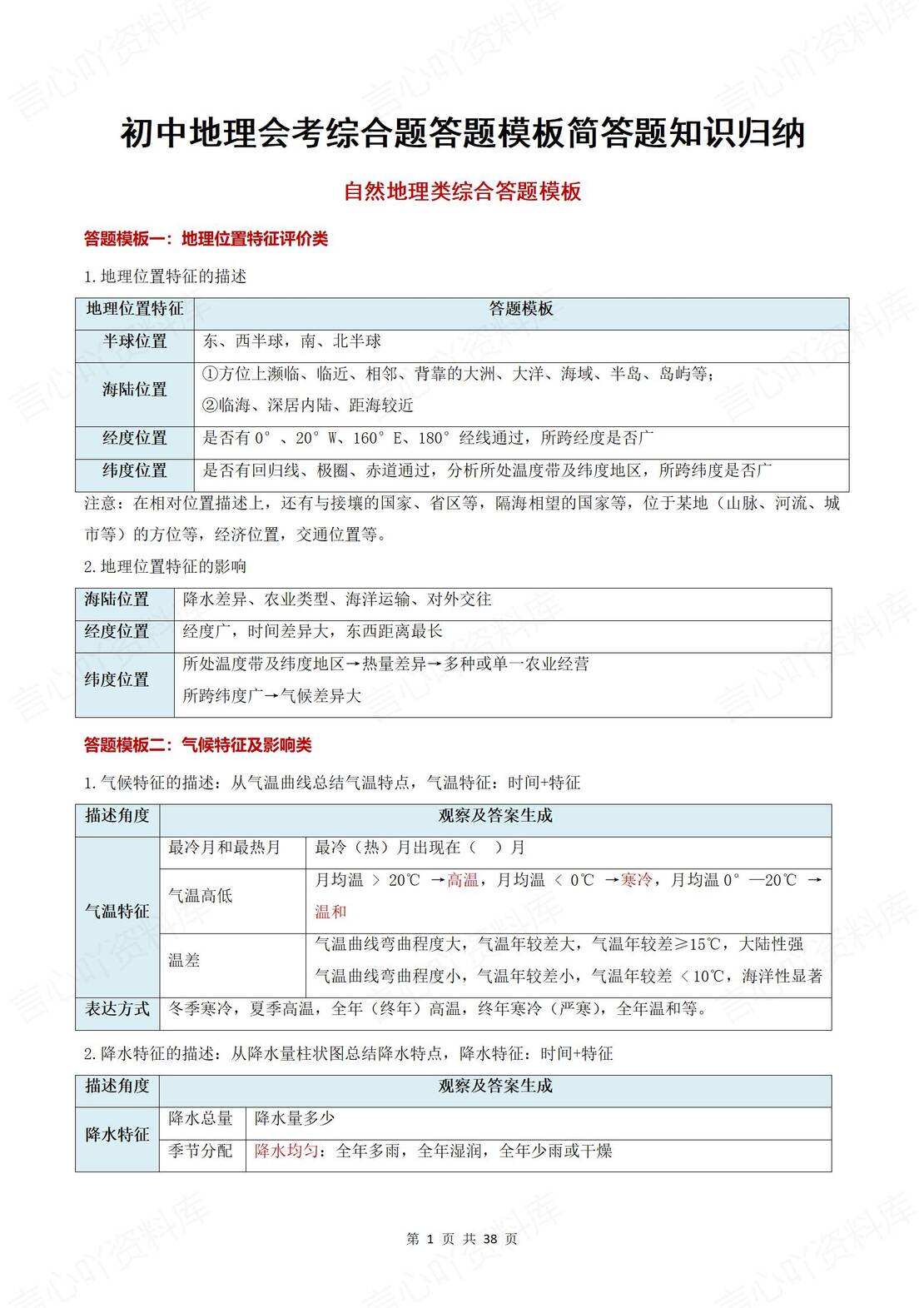 初中地理 | 78年级会考综合简答题技巧模板-言心吖资料库