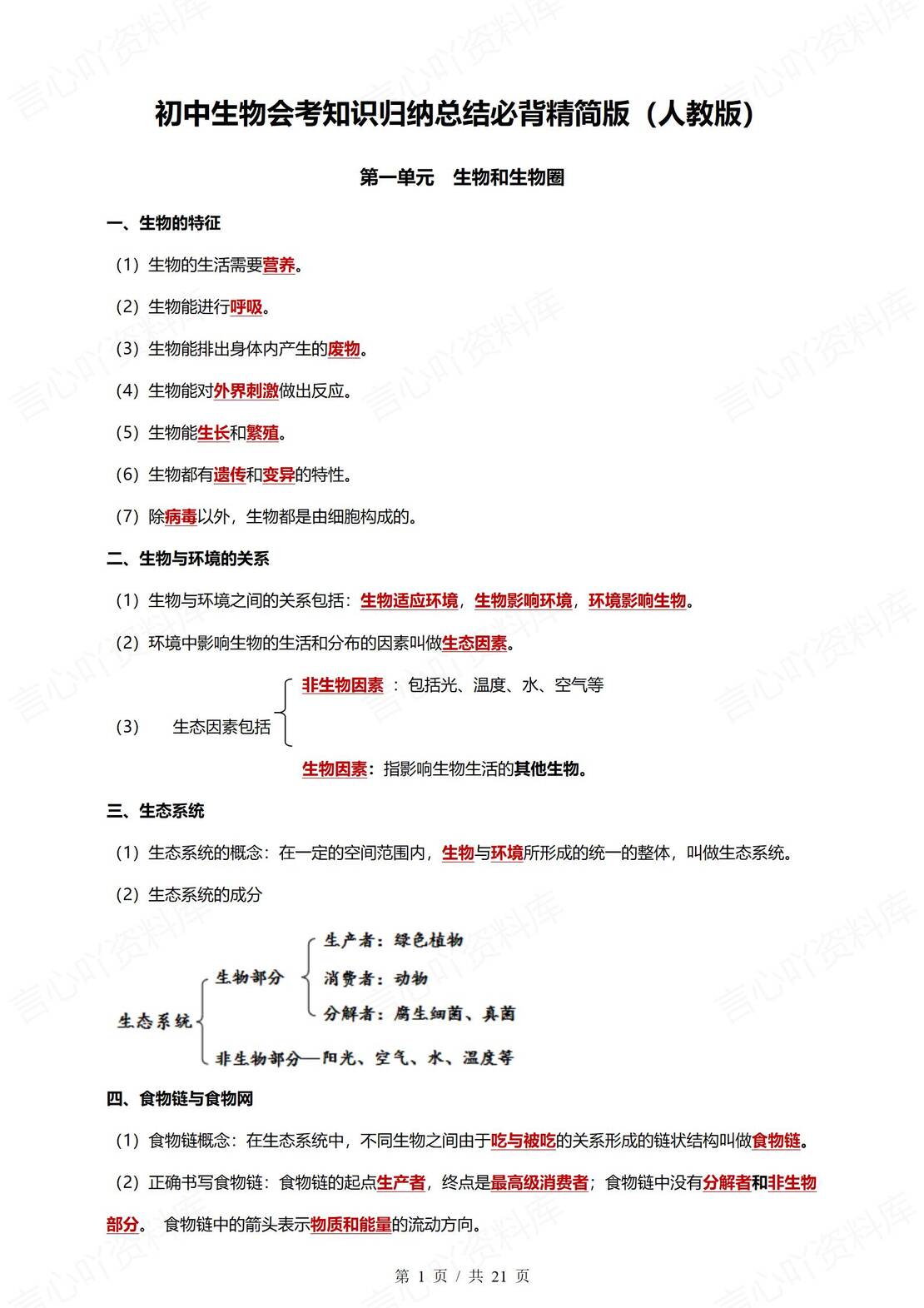 初中生物 | 会考知识必背归纳梳理精简版-言心吖资料库
