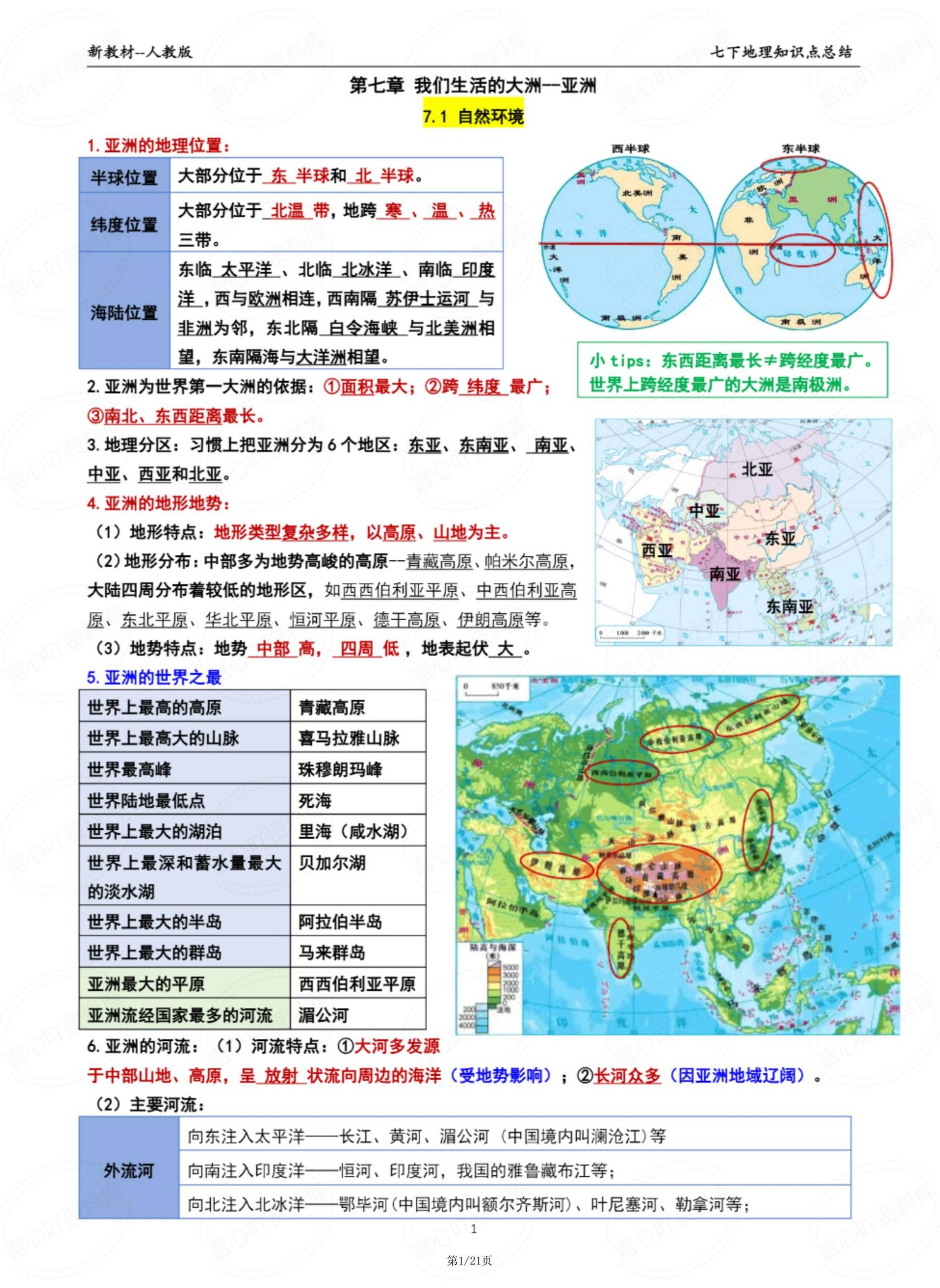 初中地理 | 人教版七下新单元知识梳理汇总-言心吖资料库
