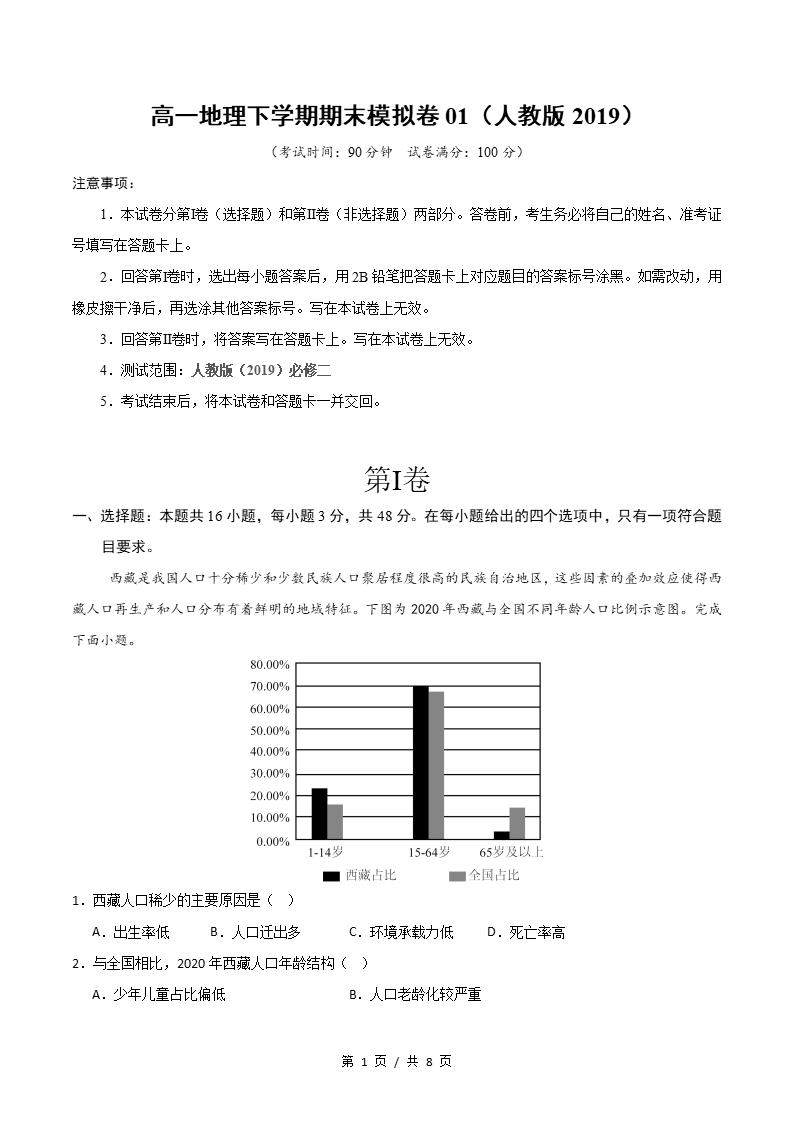 高中地理-高一下学期期末试卷答案解析人教版-言心吖资料库