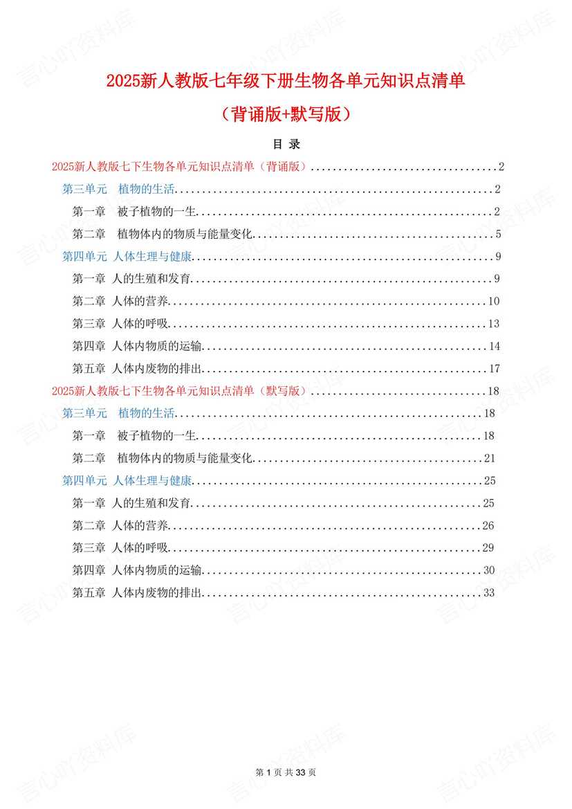 初中生物 | 新人教七下章节知识点背诵默写-言心吖资料库