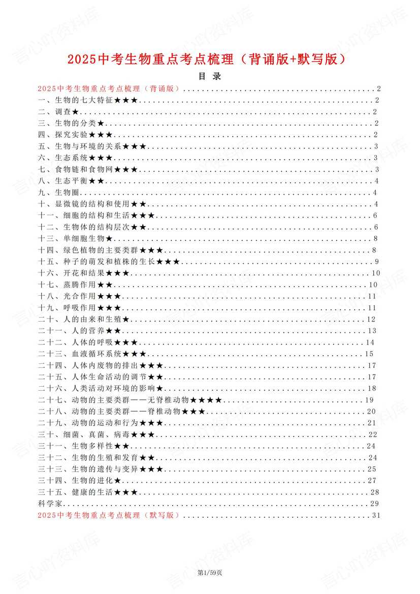 初中生物 | 中考重要知识考点背诵默写汇总-言心吖资料库