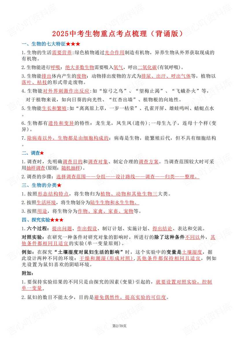 初中生物 | 中考重要知识考点背诵默写汇总插图初中生物1