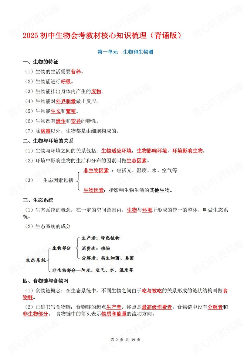 初中生物 | 全册教材知识填空背诵会考复习插图初中生物1