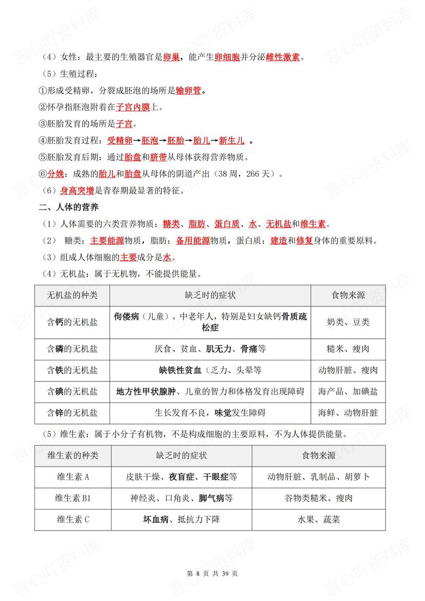 初中生物 | 全册教材知识填空背诵会考复习插图初中生物4