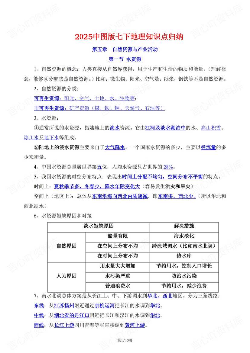 初中地理 | 中图版七下章节知识点总结归纳-言心吖资料库