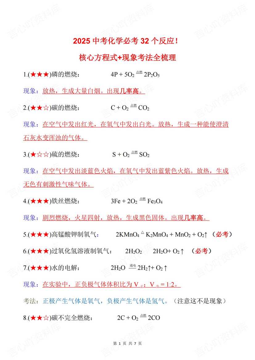 初中化学 | 中考常考化学反应方程式及现象-言心吖资料库