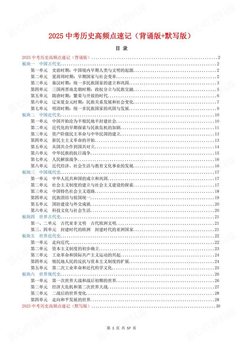 初中历史 | 中考六板块单元知识背诵默写-言心吖资料库