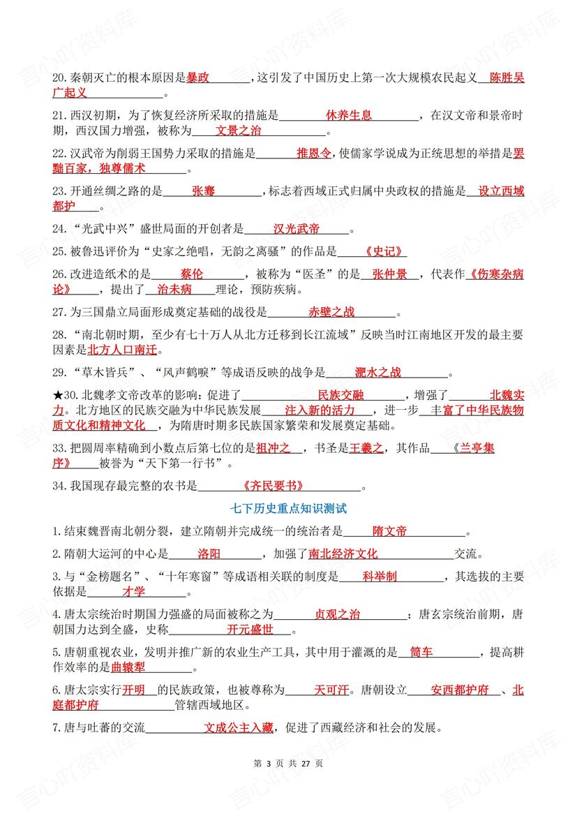 初中历史 | 全六册知识考点中考复习填空背诵插图初中历史2