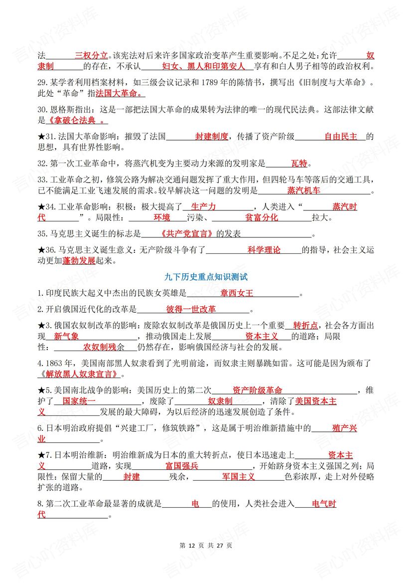 初中历史 | 全六册知识考点中考复习填空背诵插图初中历史6