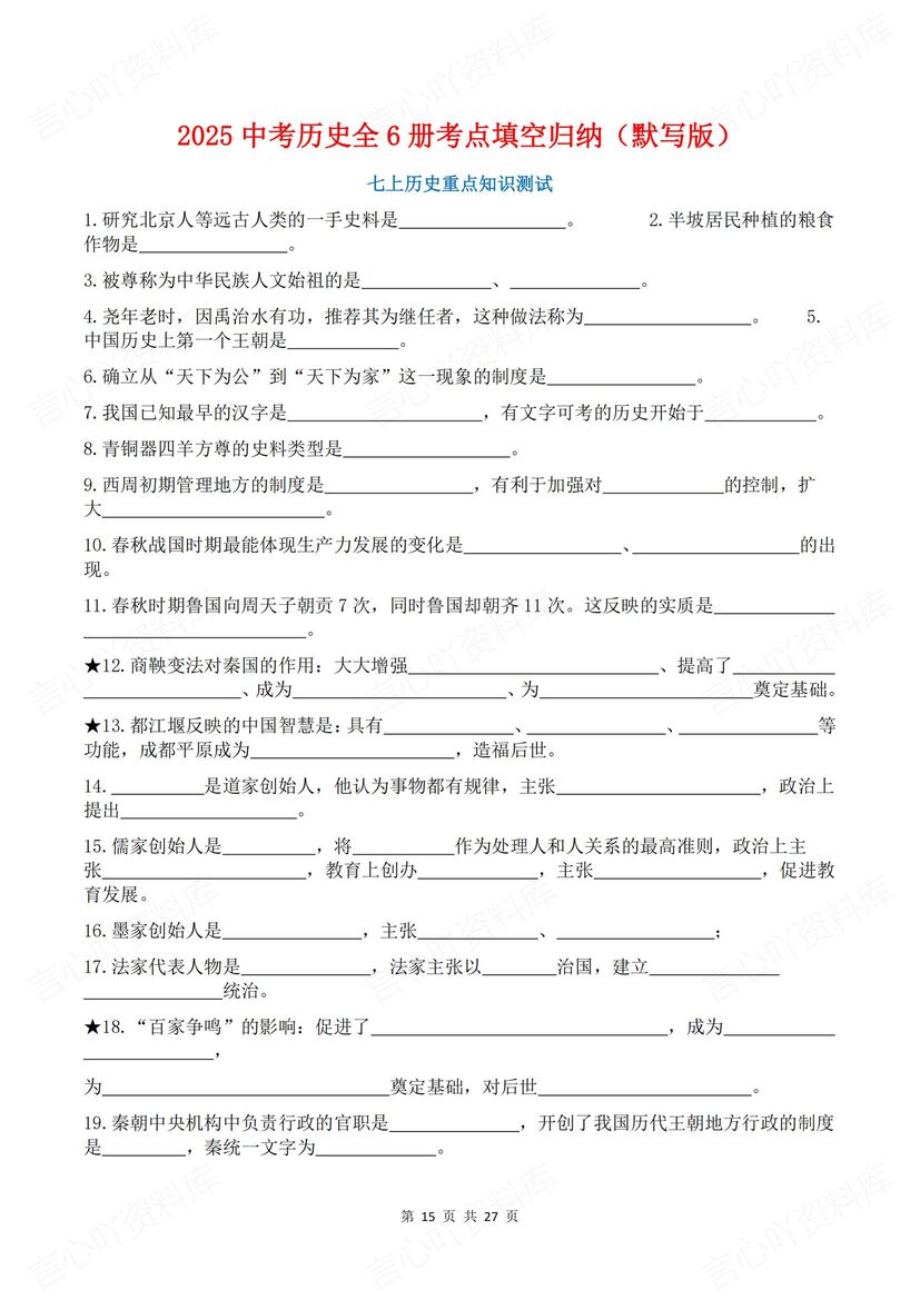 初中历史 | 全六册知识考点中考复习填空背诵插图初中历史7