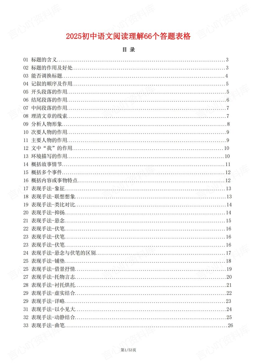 初中语文 | 66个中考阅读理解答题技巧方法-言心吖资料库