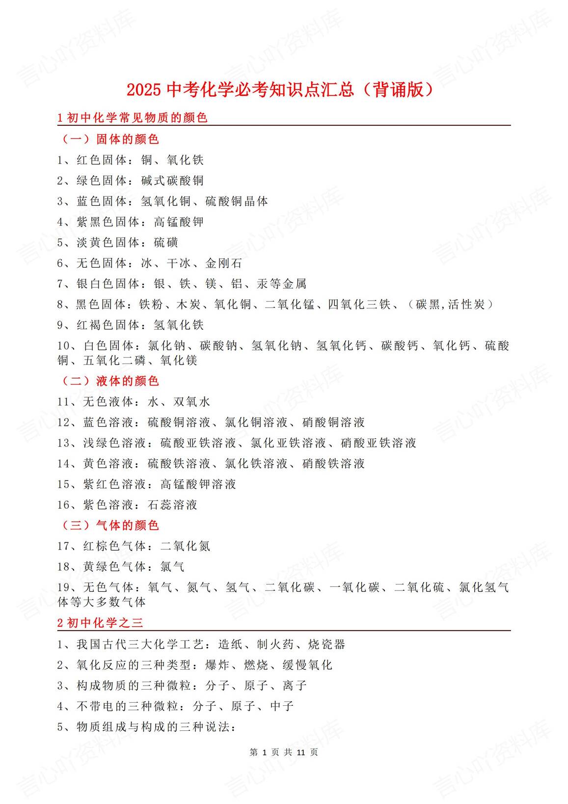 初中化学 | 中考总复习知识清单填空背诵-言心吖资料库