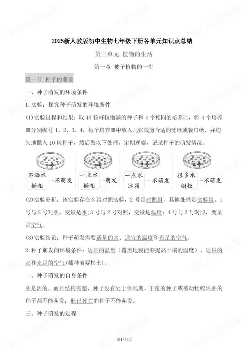 初中生物 | 新人教版七下单元知识总结梳理-言心吖资料库