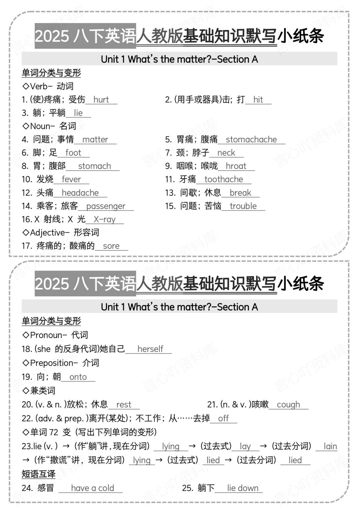 初中英语-人教版八年级下册基础知识背默小纸条插图初中英语3