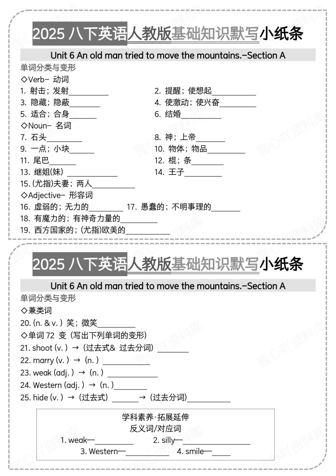 初中英语-人教版八年级下册基础知识背默小纸条插图初中英语5