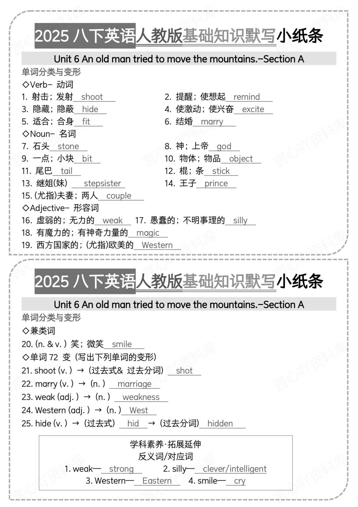 初中英语-人教版八年级下册基础知识背默小纸条插图初中英语7