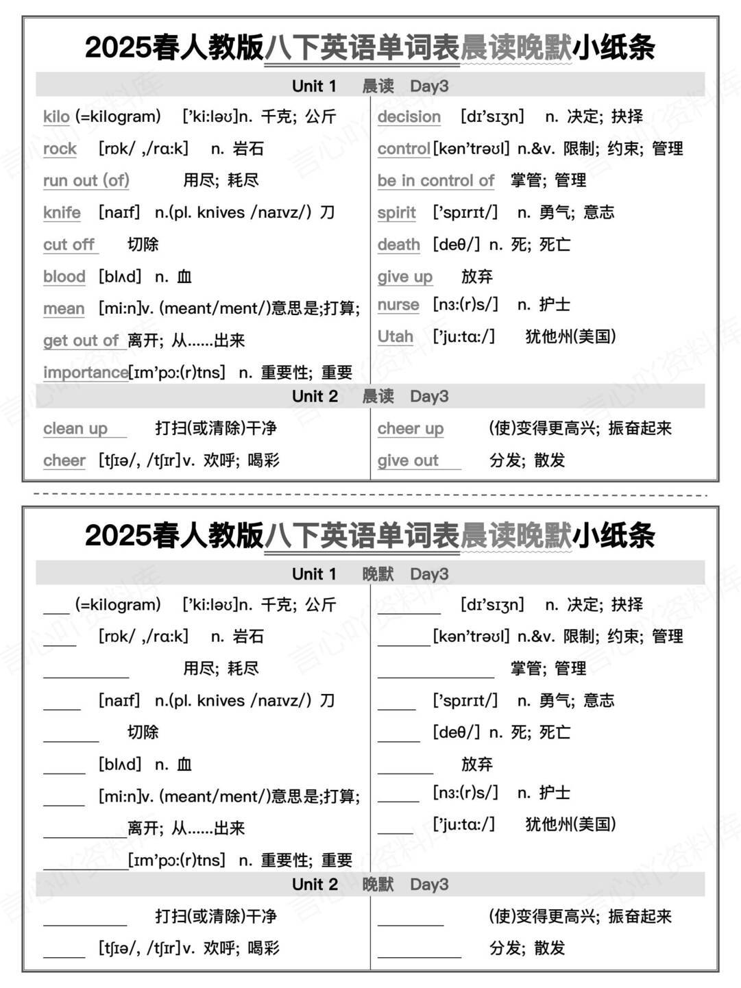 初中英语-人教版八下背默单词表默写小纸条插图初中英语1