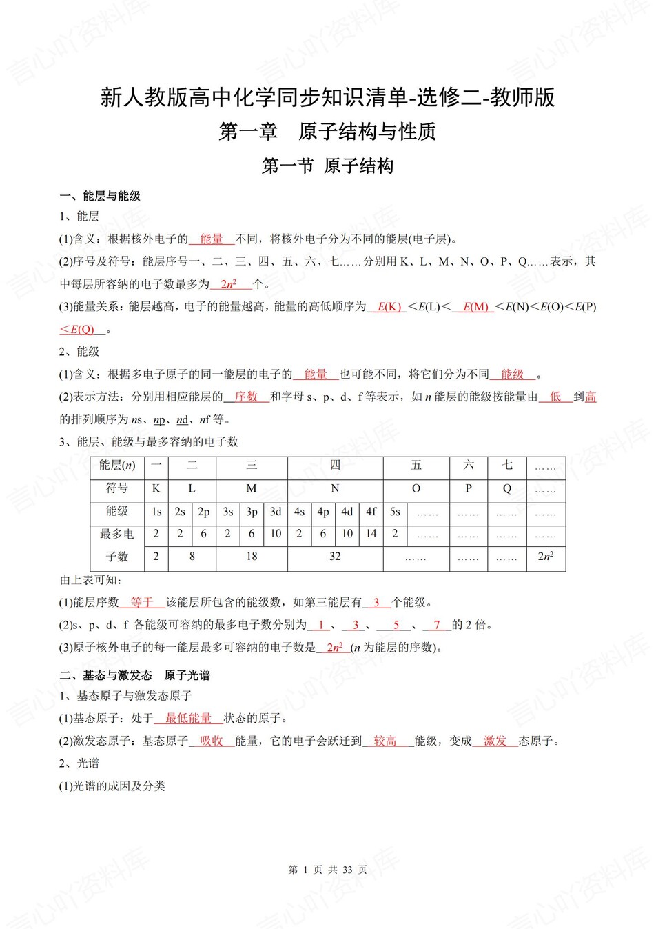 高中化学 | 新人教版选择性必修二同步清单填空背诵知识总结梳理（背诵答案）-言心吖资料库