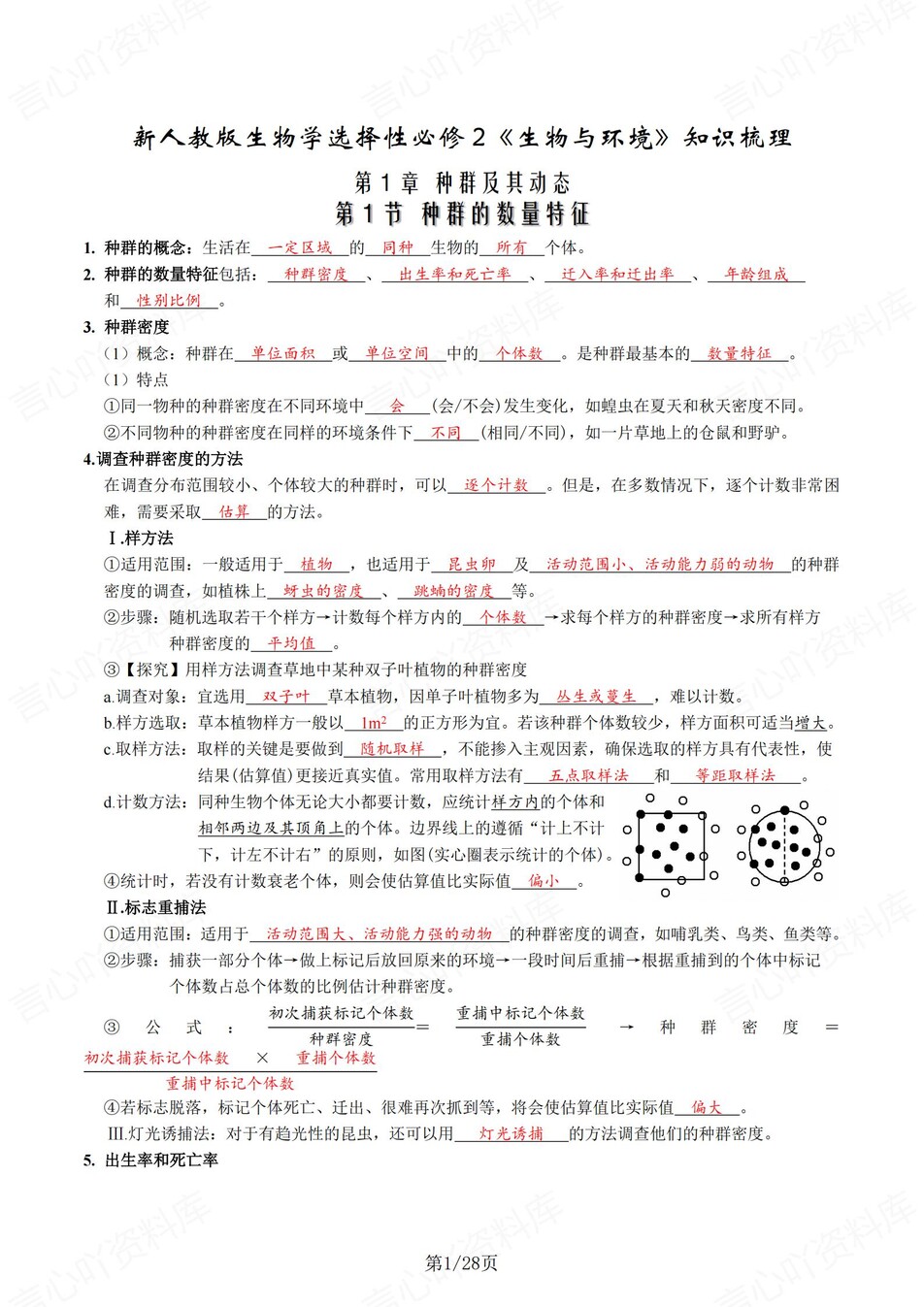 高中生物 | 新人教版选择性必修二同步清单填空背诵知识总结梳理（背诵答案）-言心吖资料库