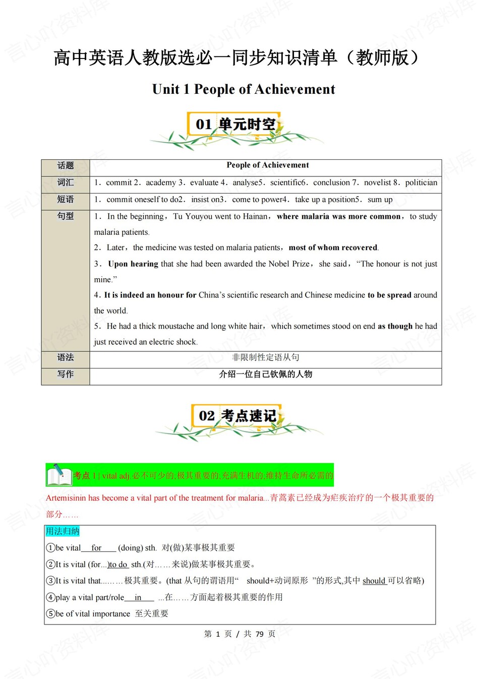 高中英语 | 新人教版选择性必修一同步清单填空背诵知识总结梳理（背诵答案）-言心吖资料库