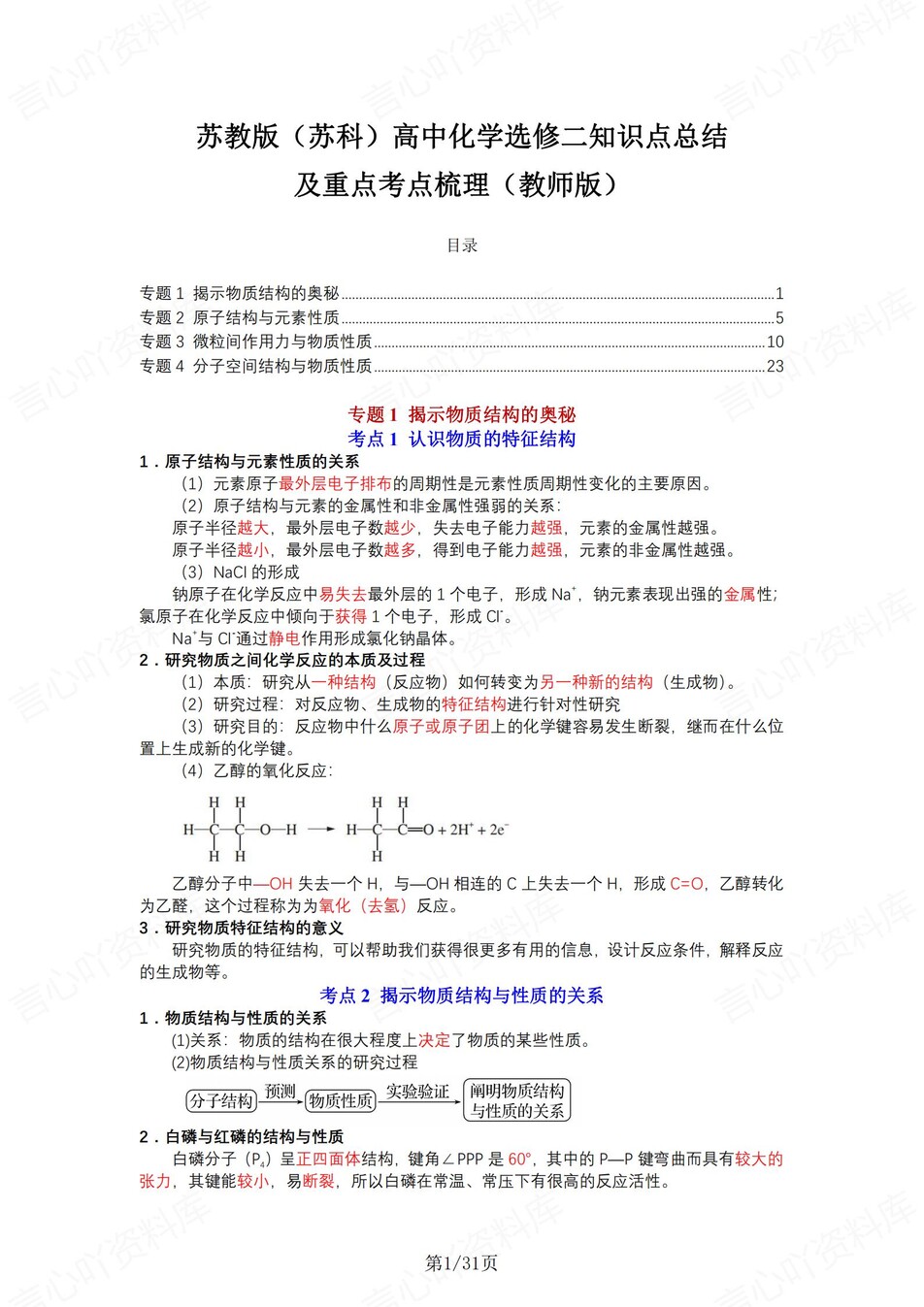 高中化学 | 新苏教版选择性必修二同步清单填空背诵知识总结梳理（背诵答案）-言心吖资料库