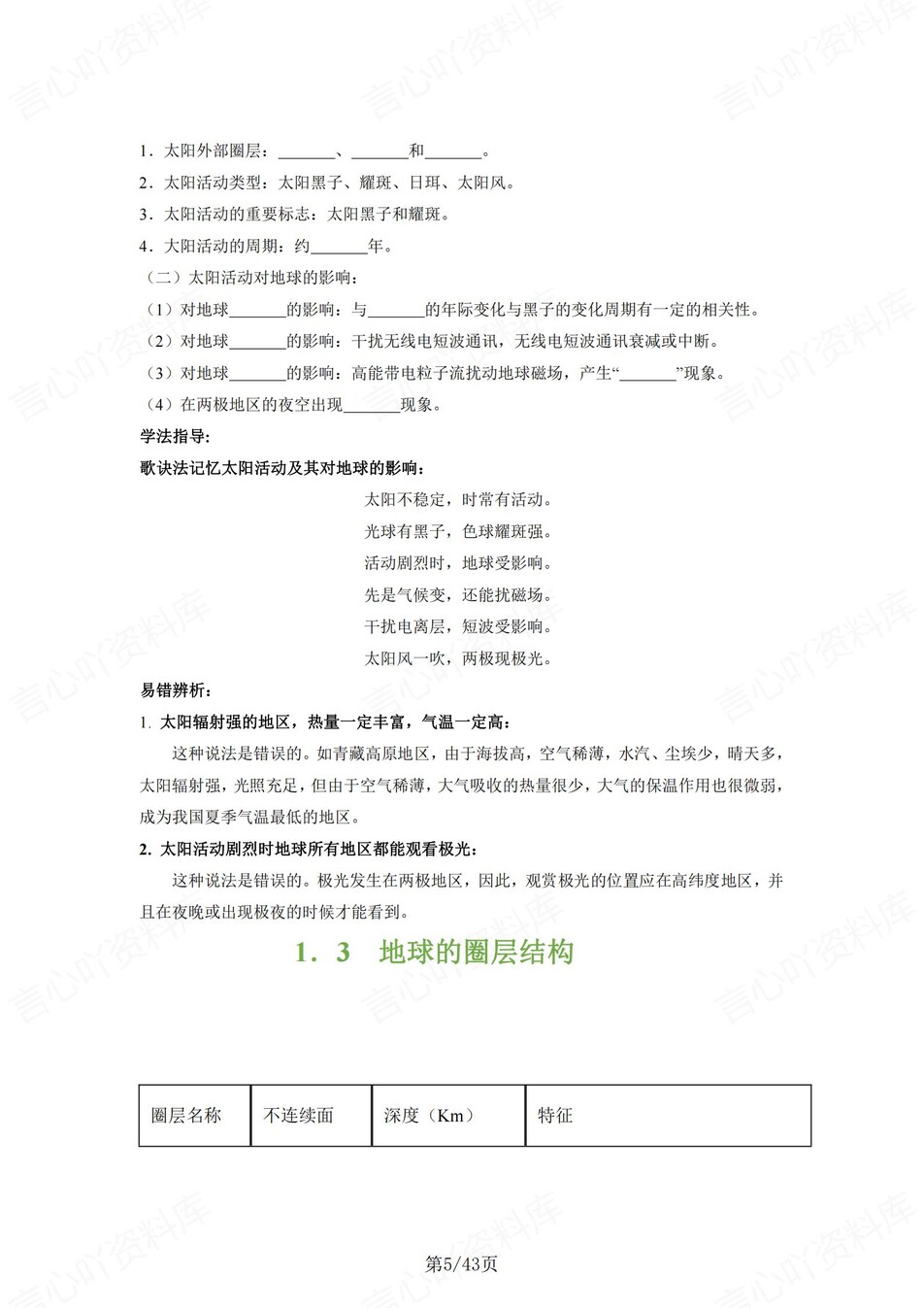 高中地理 | 新湘教版必修一同步清单填空背诵知识总结梳理（填空默写）插图高中地理4
