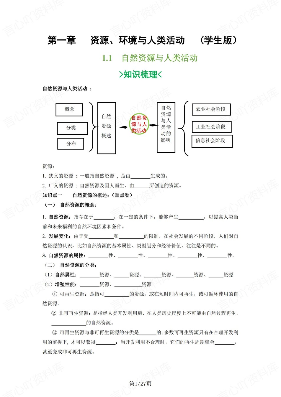 高中地理 | 新湘教版选择性必修三同步清单填空背诵知识总结梳理（填空默写）-言心吖资料库