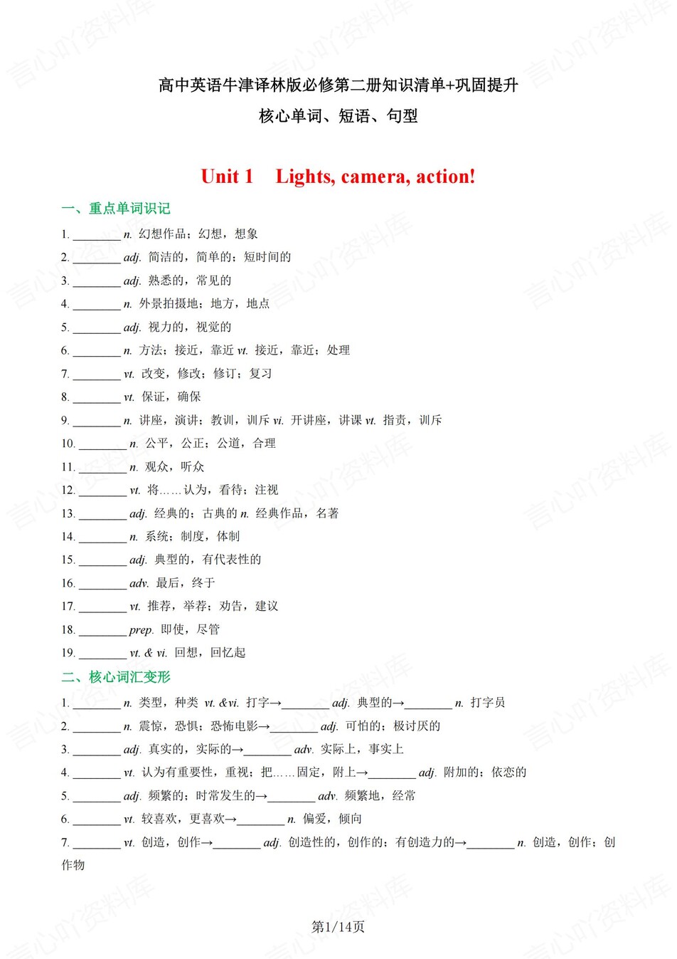高中英语 | 新译林版必修二同步清单填空背诵知识总结梳理（填空默写）-言心吖资料库