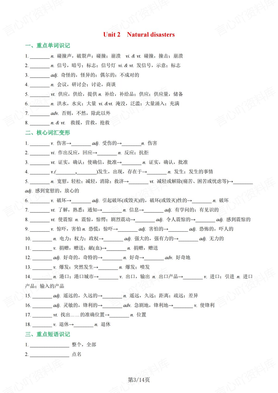 高中英语 | 新译林版必修三同步清单填空背诵知识总结梳理（填空默写）插图高中英语2