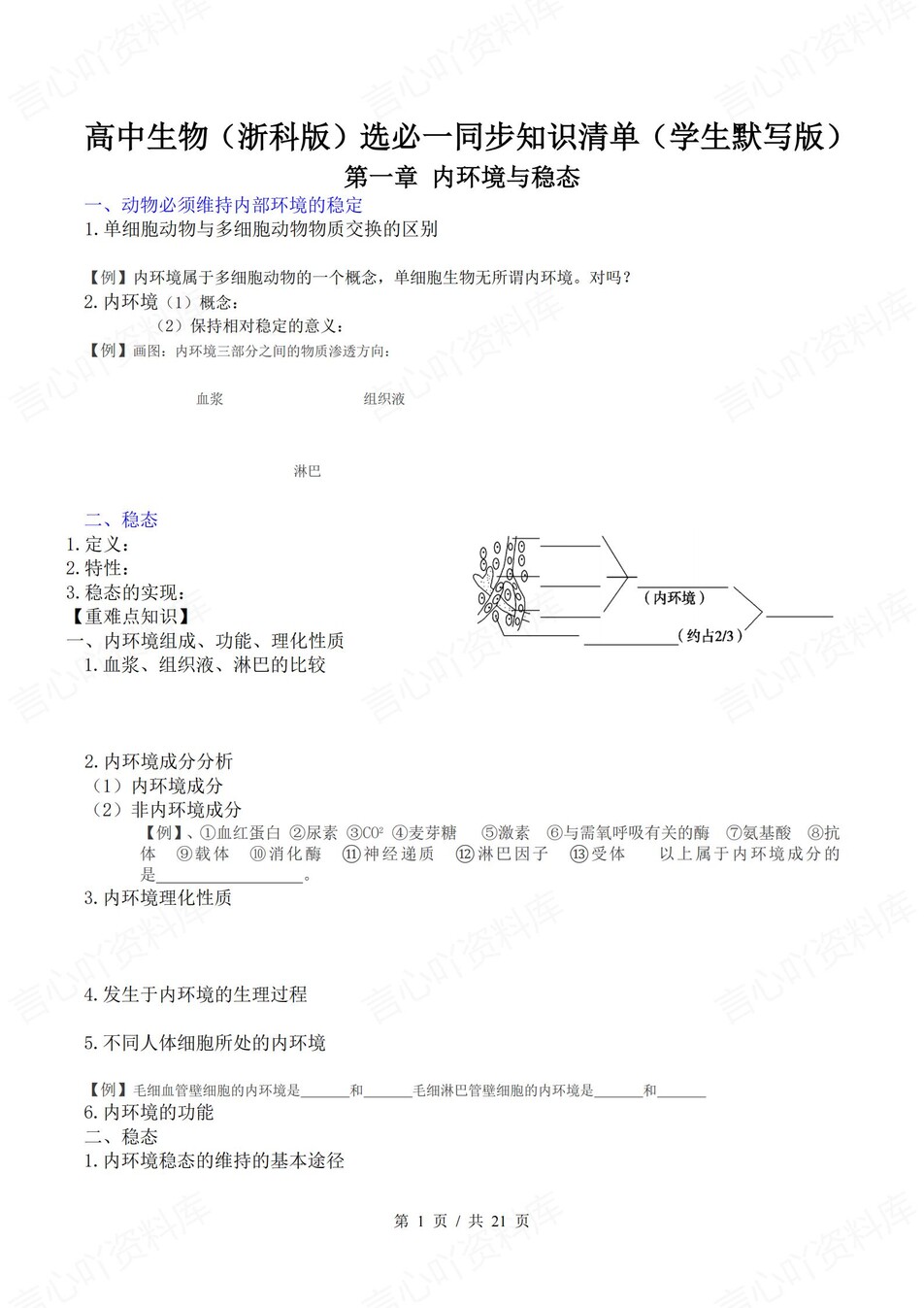 高中生物 | 新浙教浙科版选择性必修一同步清单填空背诵知识总结梳理（填空默写）-言心吖资料库