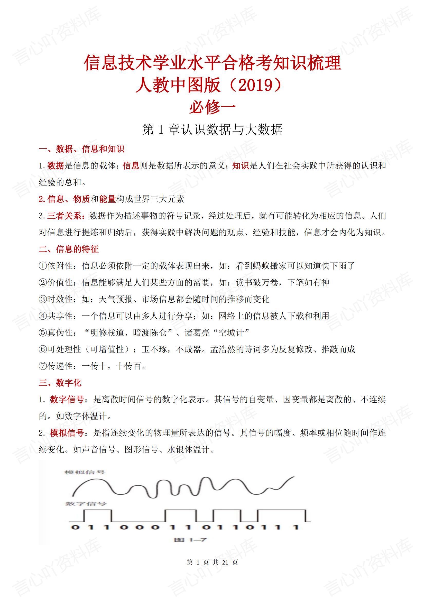 高中信息技术（人教中图版）必修学业水平合格考学考会考复习章节知识点-言心吖资料库