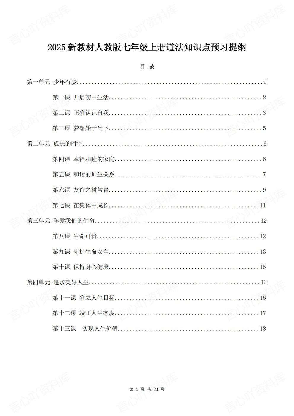 初中道法 | 新教材初一上册预习知识点提纲梳理-言心吖资料库