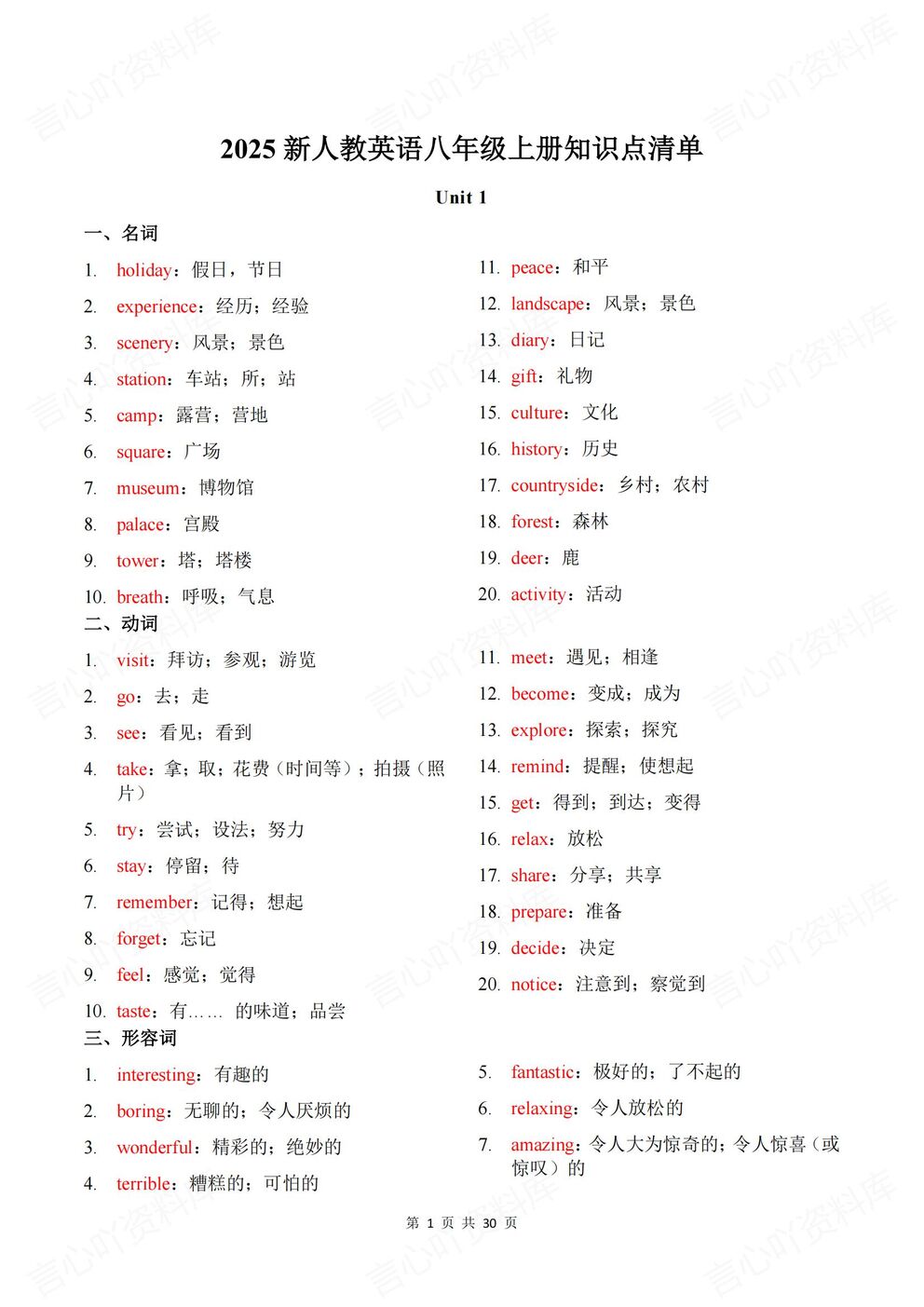 初中英语 | 新教材初二上册单元同步知识清单-言心吖资料库