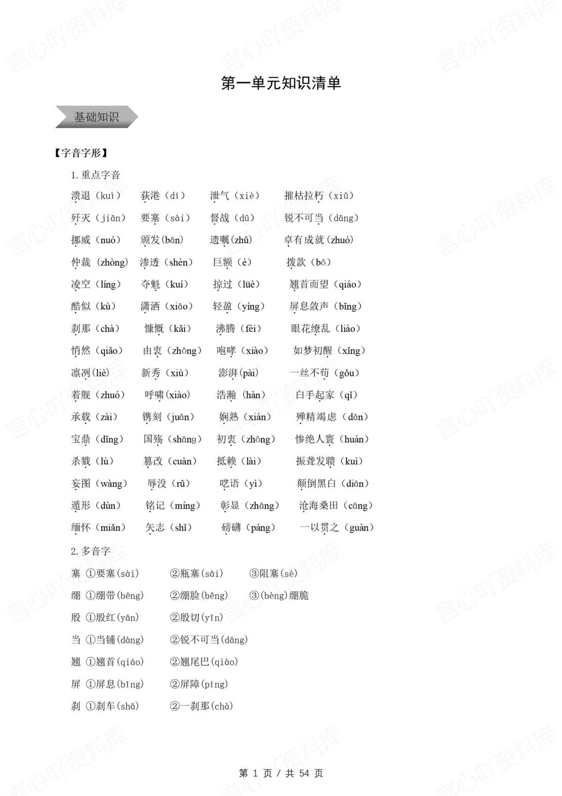 初中语文 | 八年级上同步知识清单（统编版）-言心吖资料库