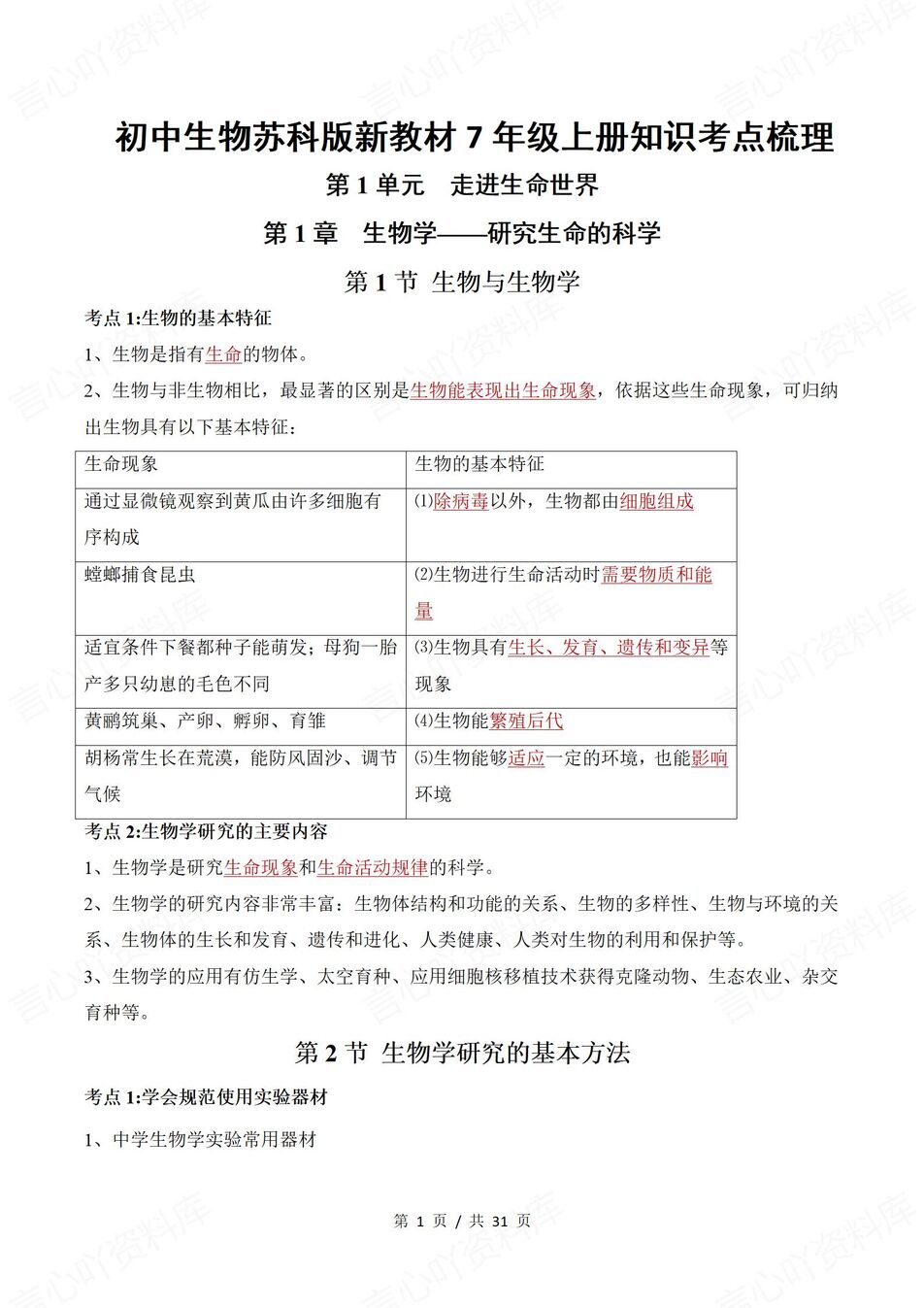 初中生物 | 新教材苏科版七年级上章节知识点归纳总结-言心吖资料库