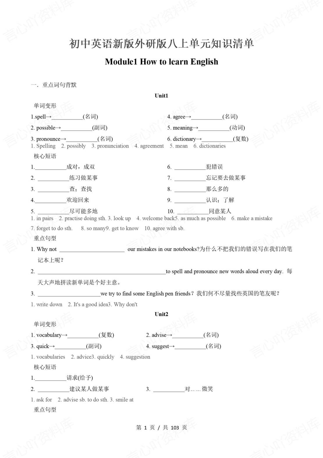 初中英语 | 外研版八年级上册模块知识清单（原卷解析版）-言心吖资料库