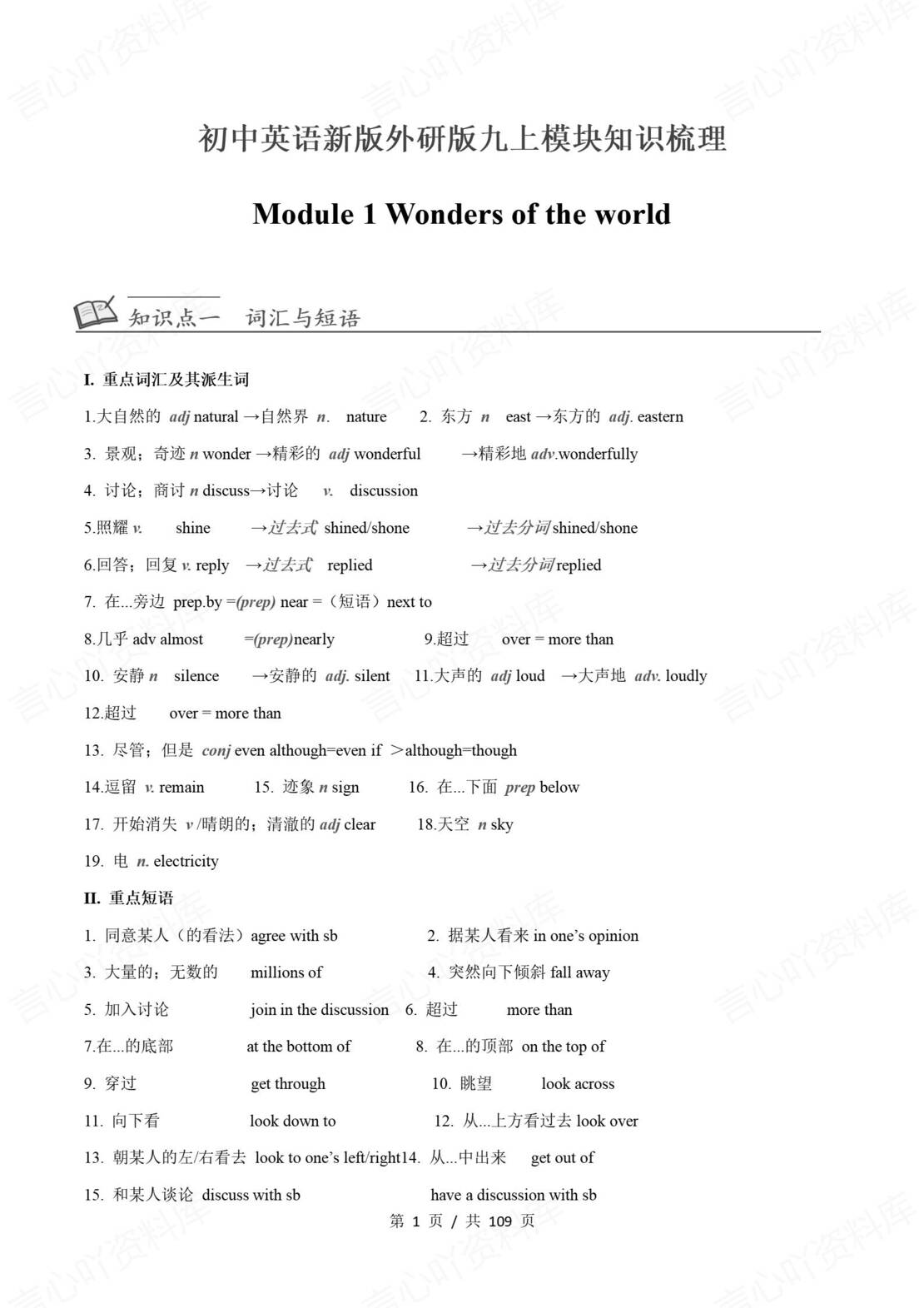 初中英语 | 外研版九年级上册模块知识梳理-言心吖资料库