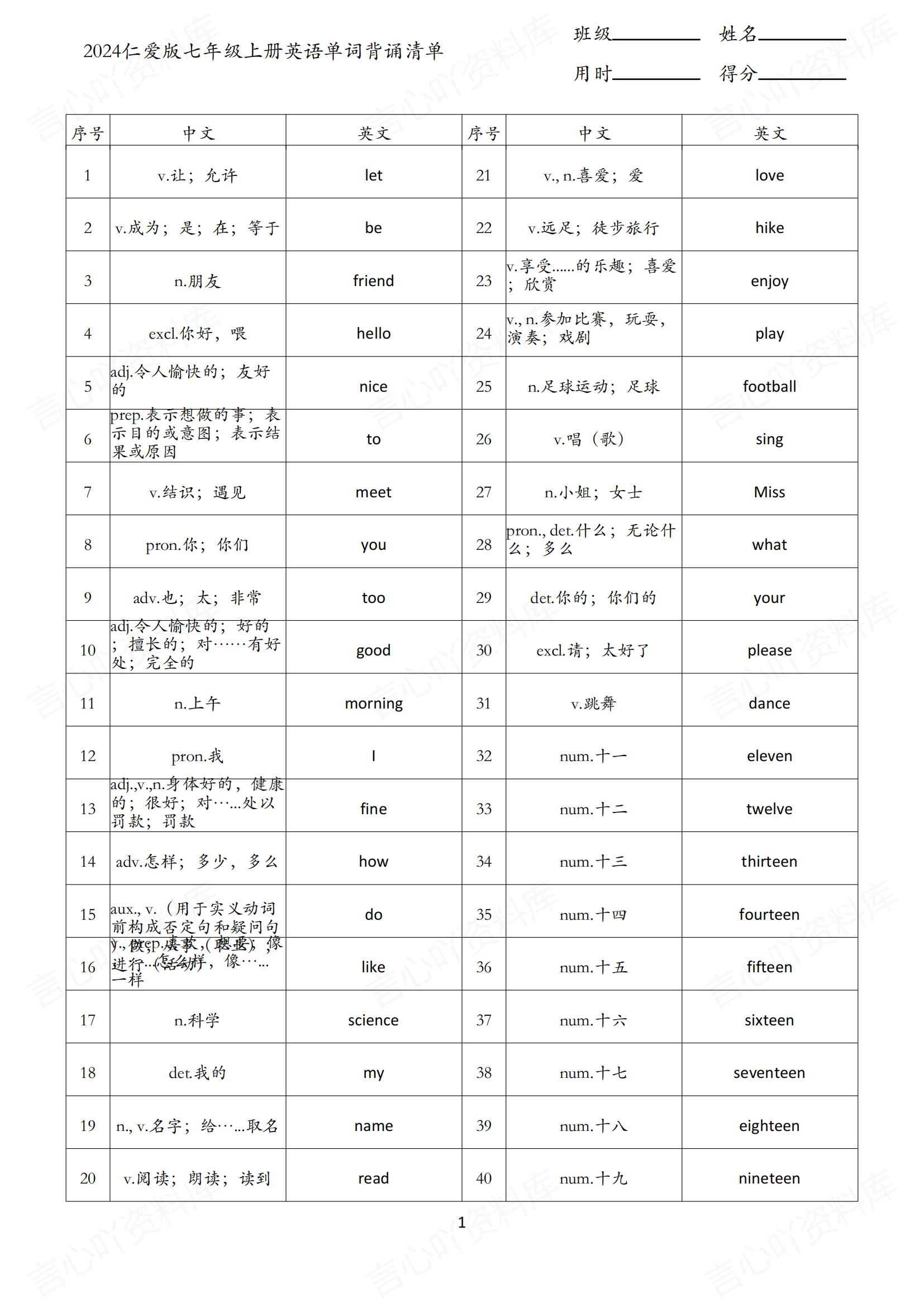 初中英语 | 新版仁爱科普版7年级上册全册单词背诵默写-言心吖资料库