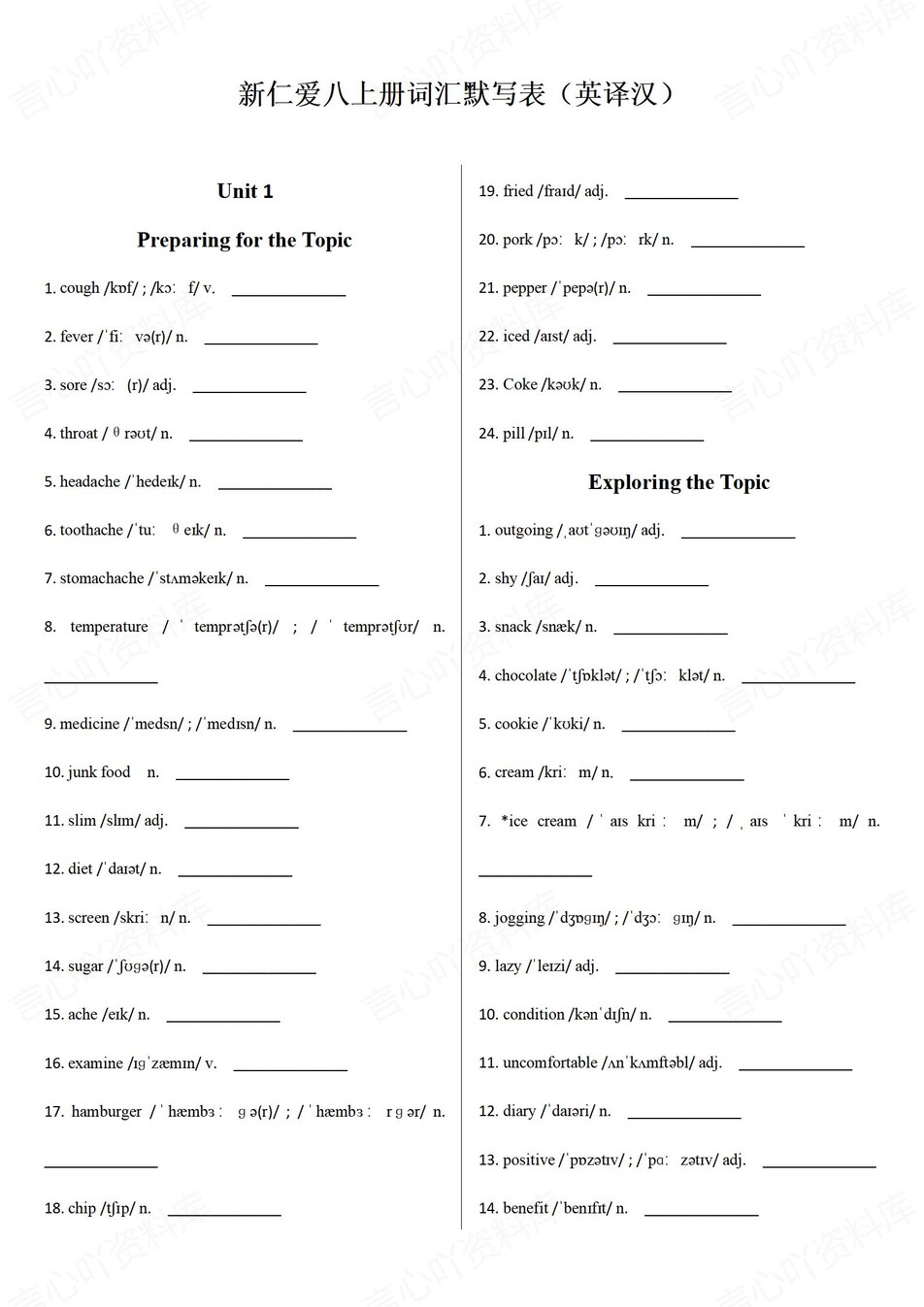 初中英语 | 新版仁爱科普版8上单词背诵默写清单-按话题插图初中英语3