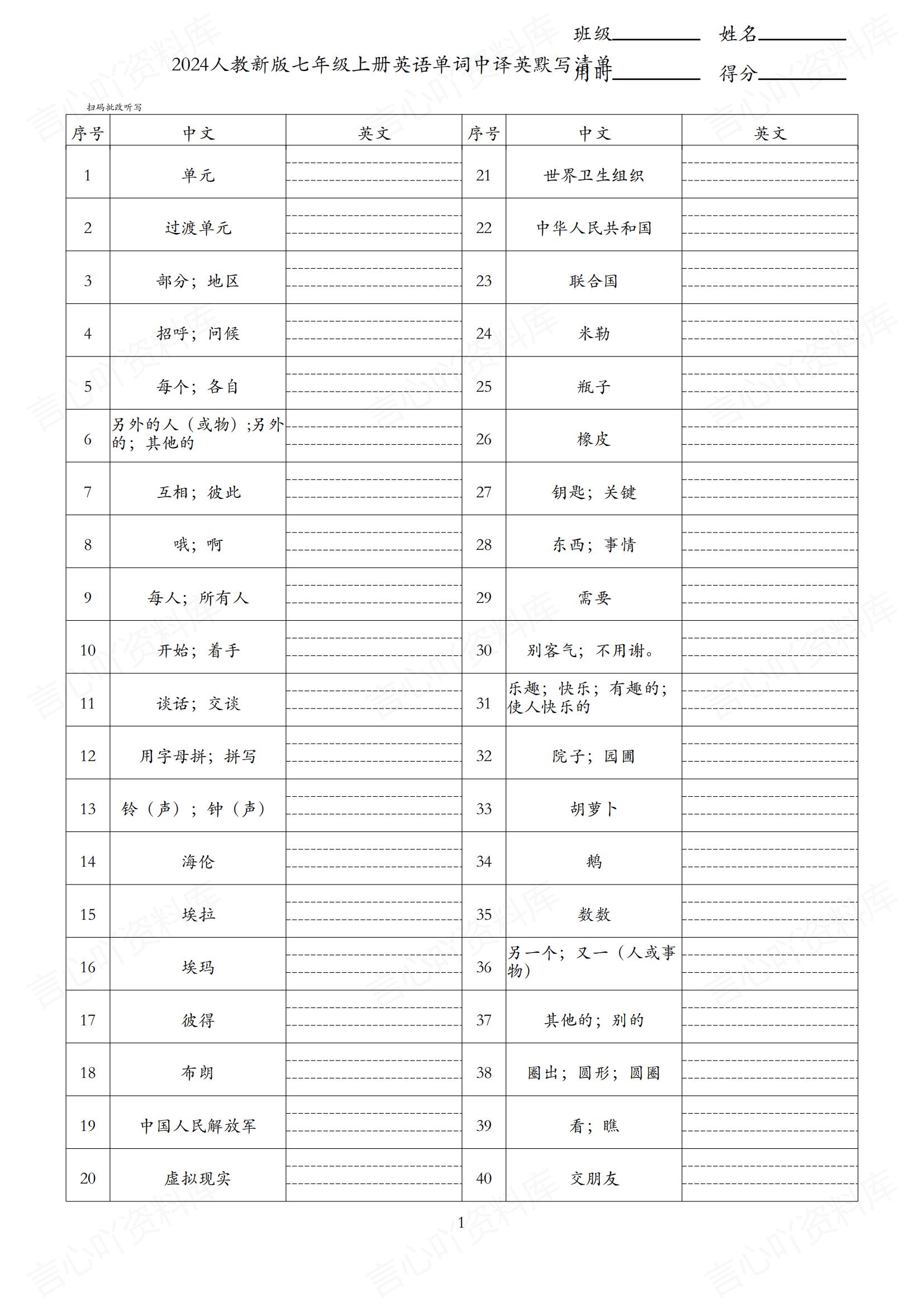初中英语 | 新版人教版7上单词背诵中英默写清单插图初中英语4