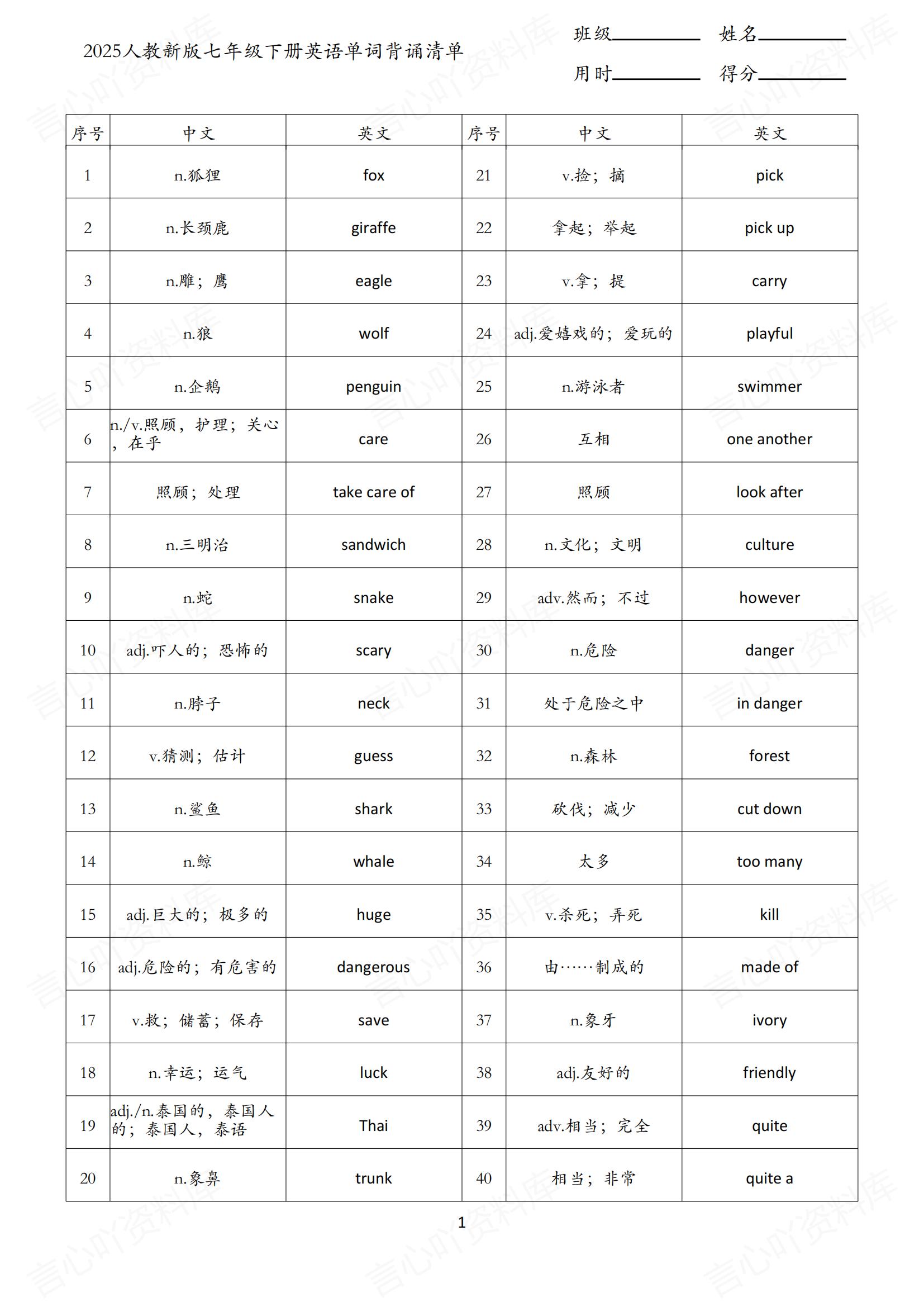 初中英语 | 新版人教版7下单词背诵中英默写清单-言心吖资料库