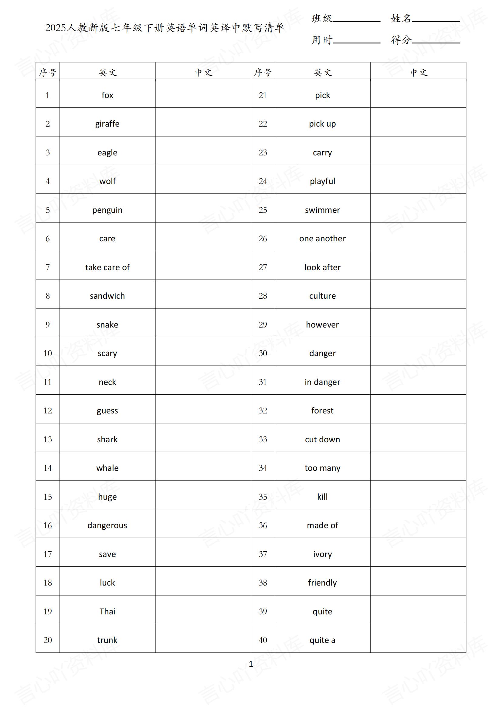 初中英语 | 新版人教版7下单词背诵中英默写清单插图初中英语2