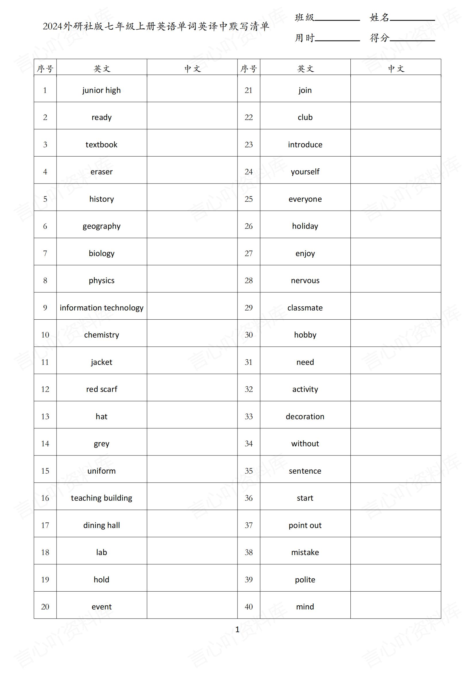 初中英语 | 新版外研版7上单词背诵中英默写清单插图初中英语2