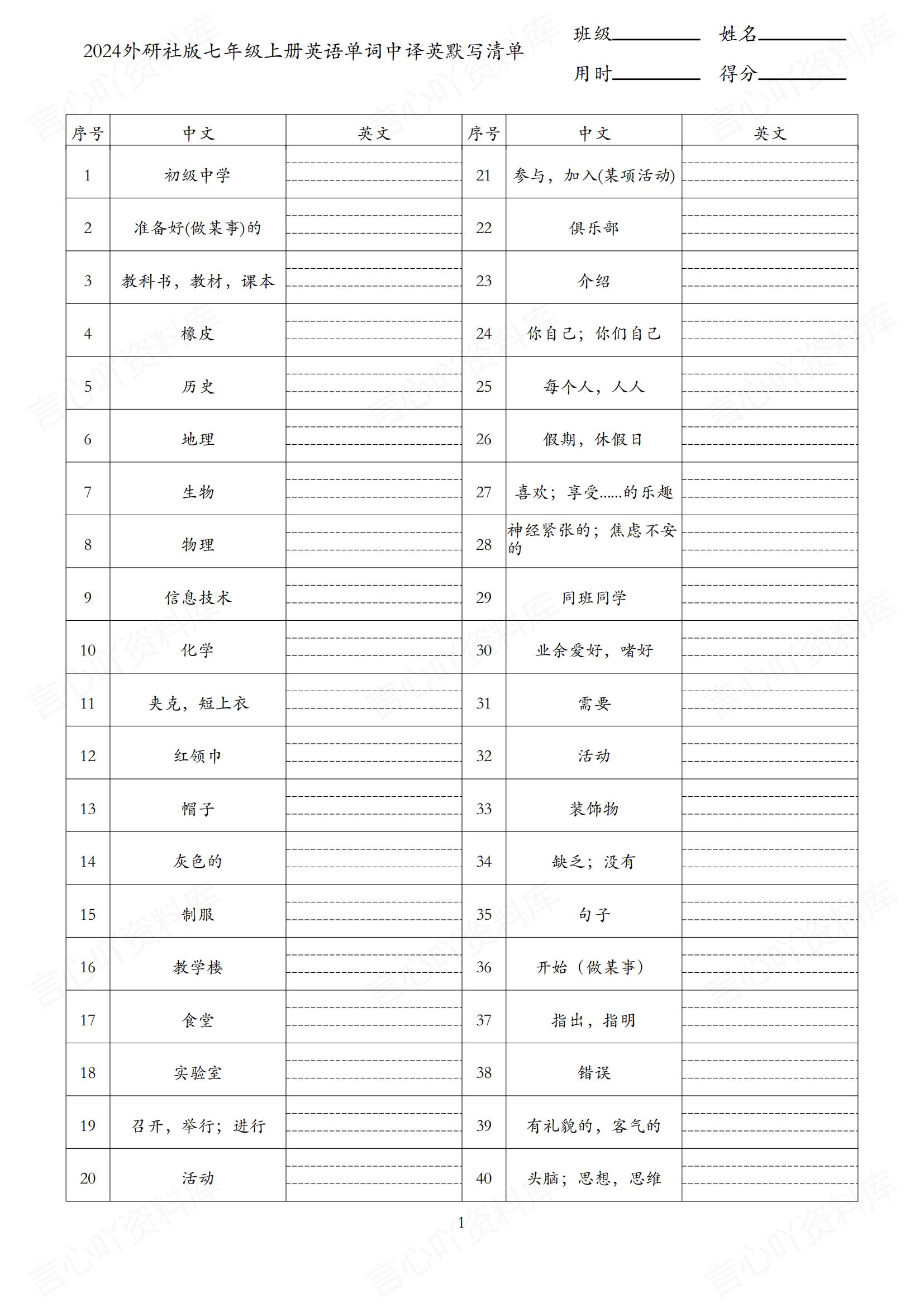 初中英语 | 新版外研版7上单词背诵中英默写清单插图初中英语4